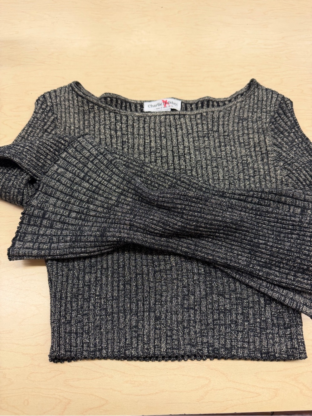 Metallic Ribbed Boatneck cropped Sweater - Black & Silver bell sleeves